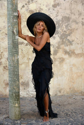 Fırfırlı Şifon Askılı Maxi Elbise Zalle